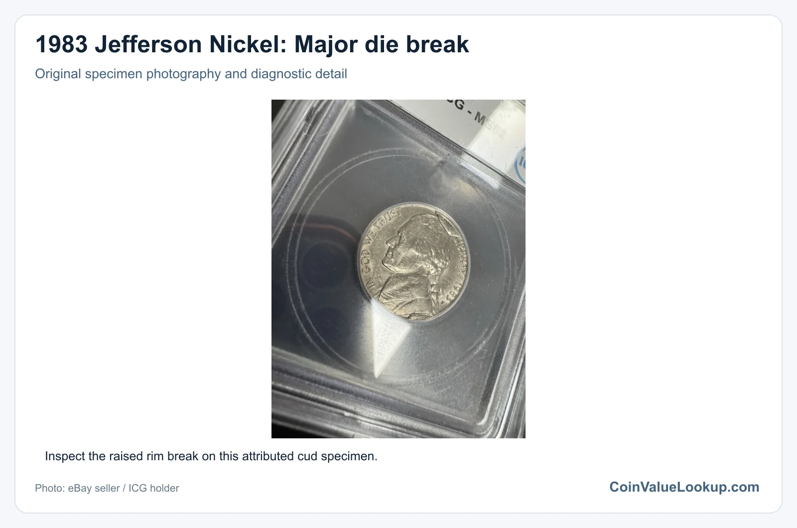 1983 Jefferson Nickel: Major die break with diagnostic detail