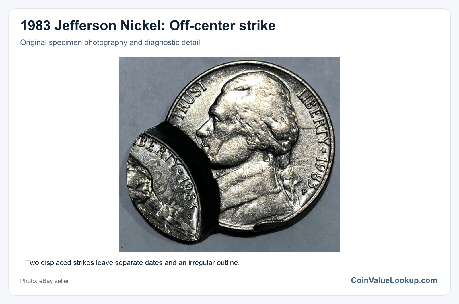 1983 Jefferson Nickel: Off-center strike with diagnostic detail