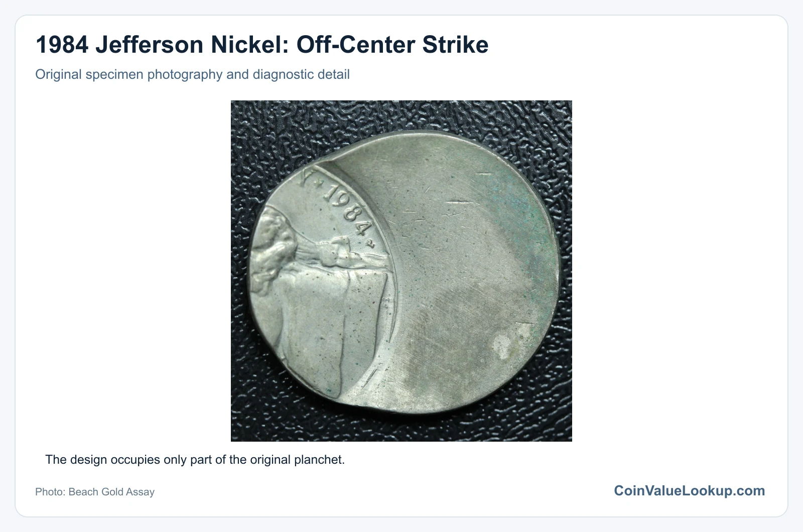 1984 Jefferson Nickel: Off-Center Strike with diagnostic detail