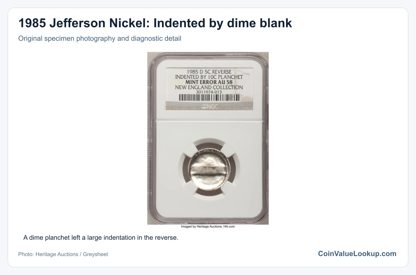 1985 Jefferson Nickel: Indented by dime blank with diagnostic detail