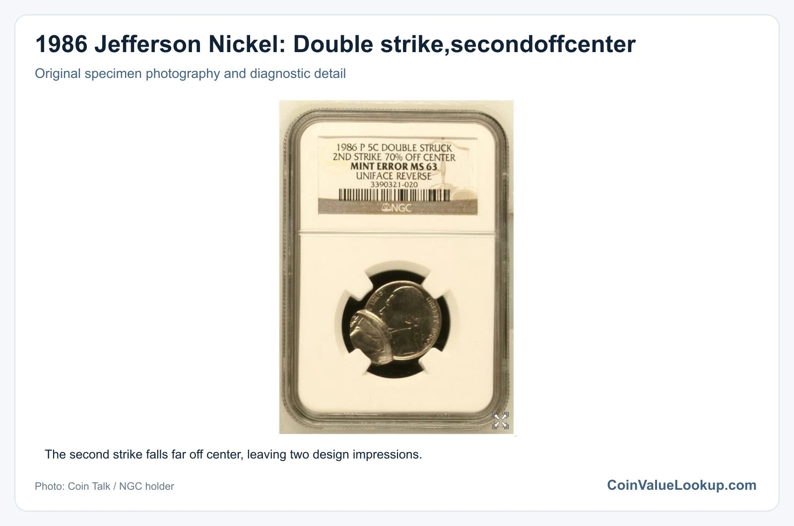 1986 Jefferson Nickel: Double strike,secondoffcenter with diagnostic detail