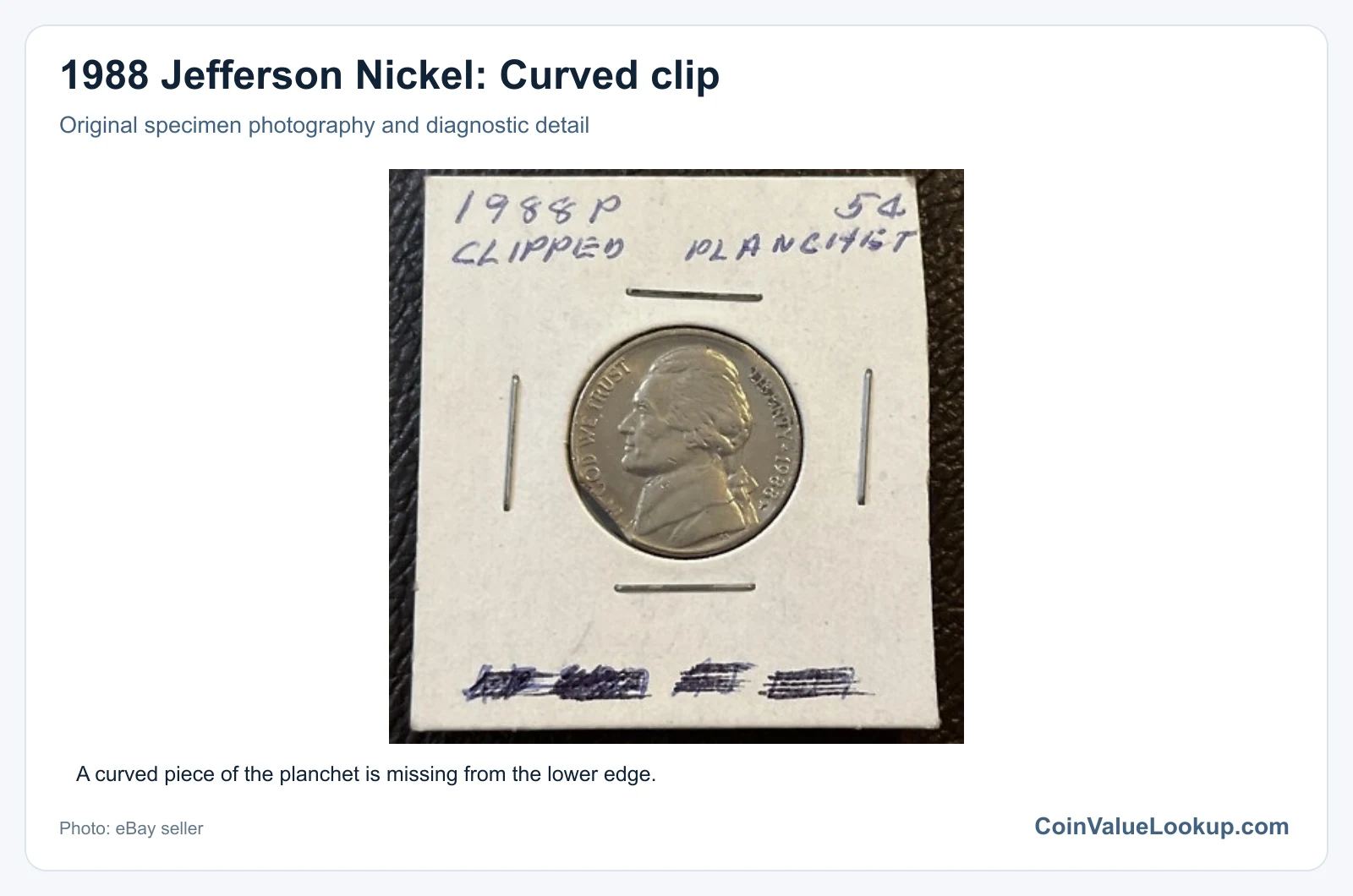 1988 Jefferson Nickel: Curved clip with diagnostic detail