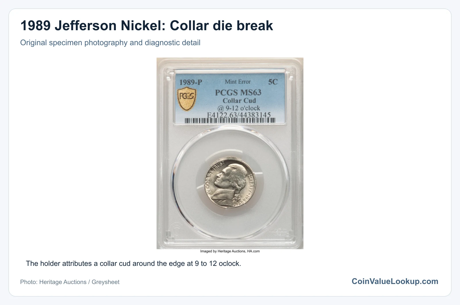 1989 Jefferson Nickel: Collar die break with diagnostic detail
