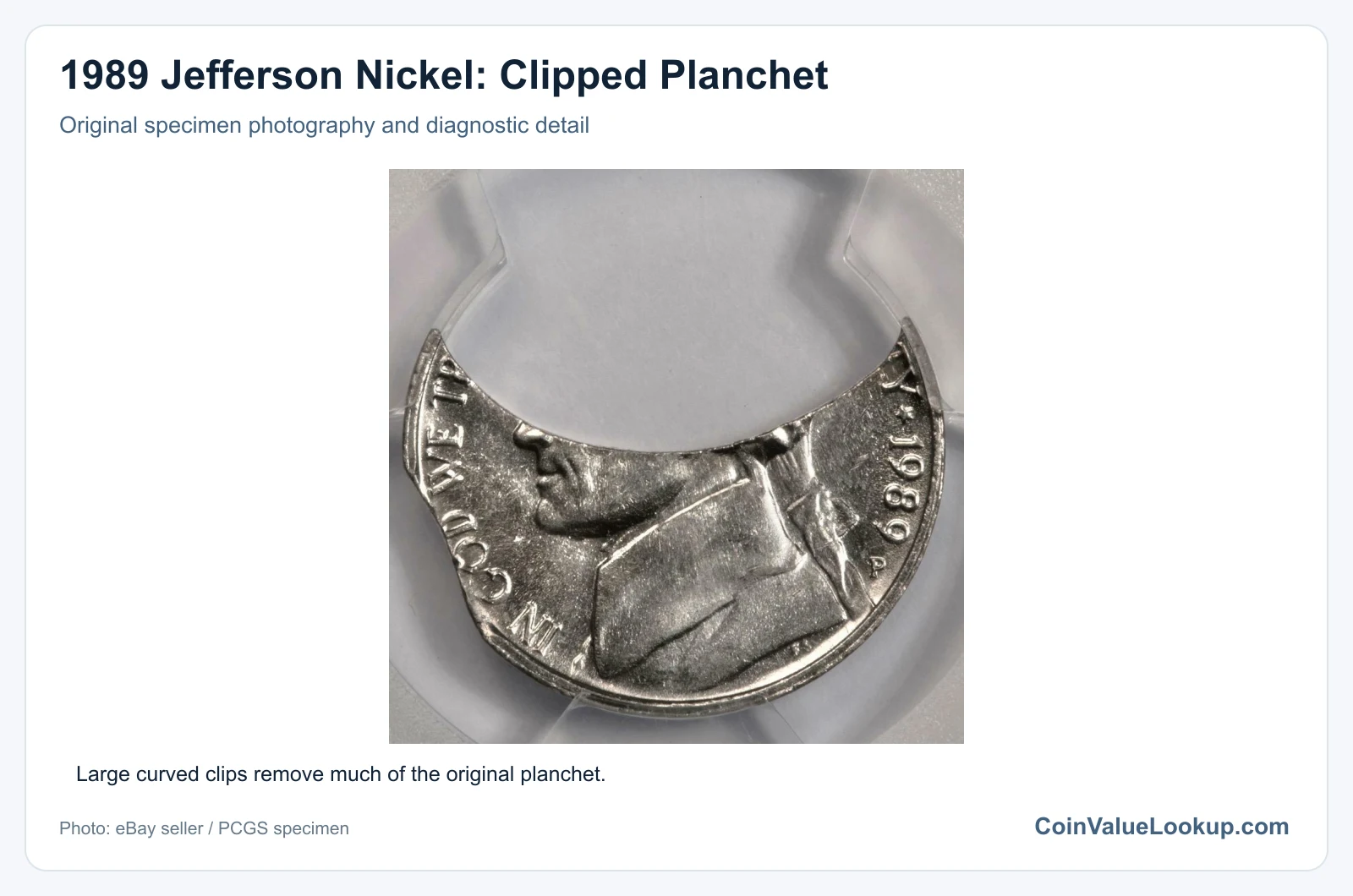 1989 Jefferson Nickel: Clipped Planchet with diagnostic detail