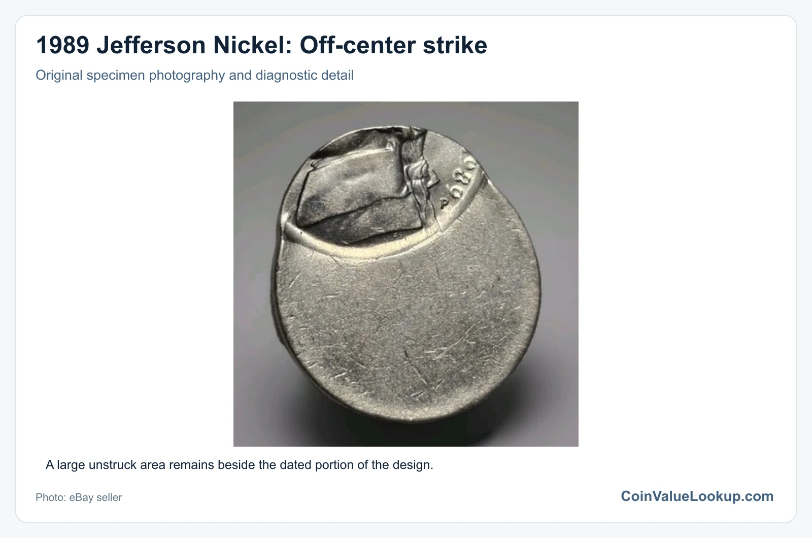 1989 Jefferson Nickel: Off-center strike with diagnostic detail