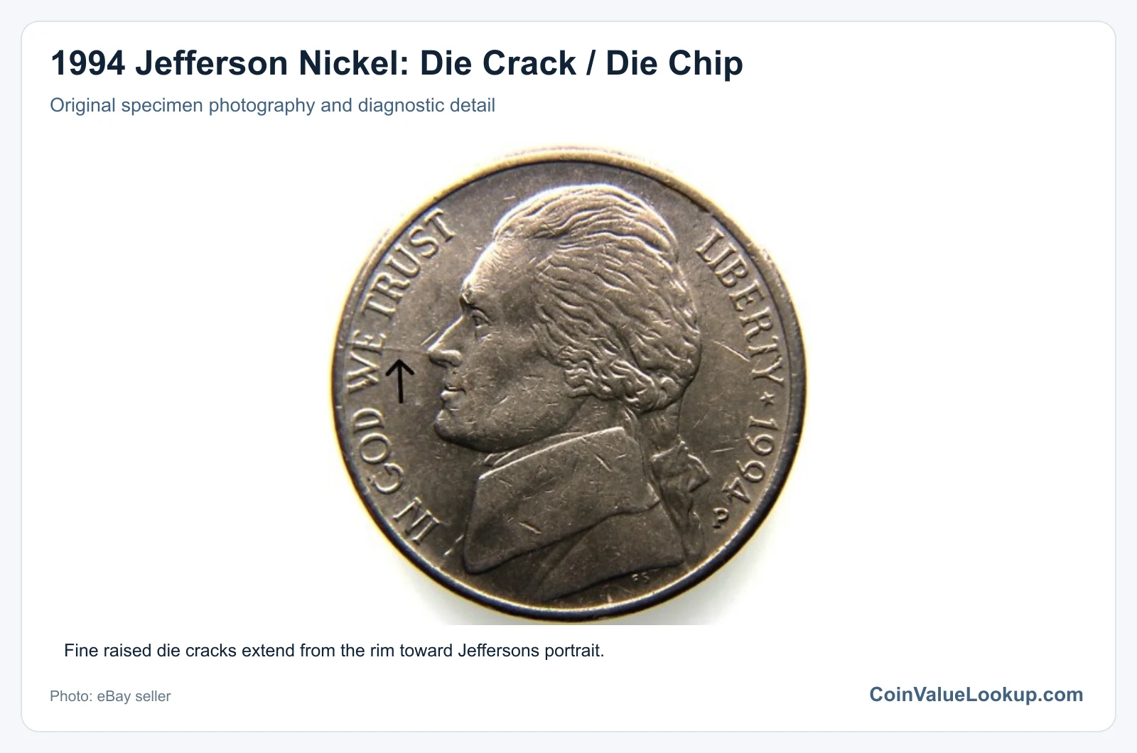 1994 Jefferson Nickel: Die Crack / Die Chip with diagnostic detail