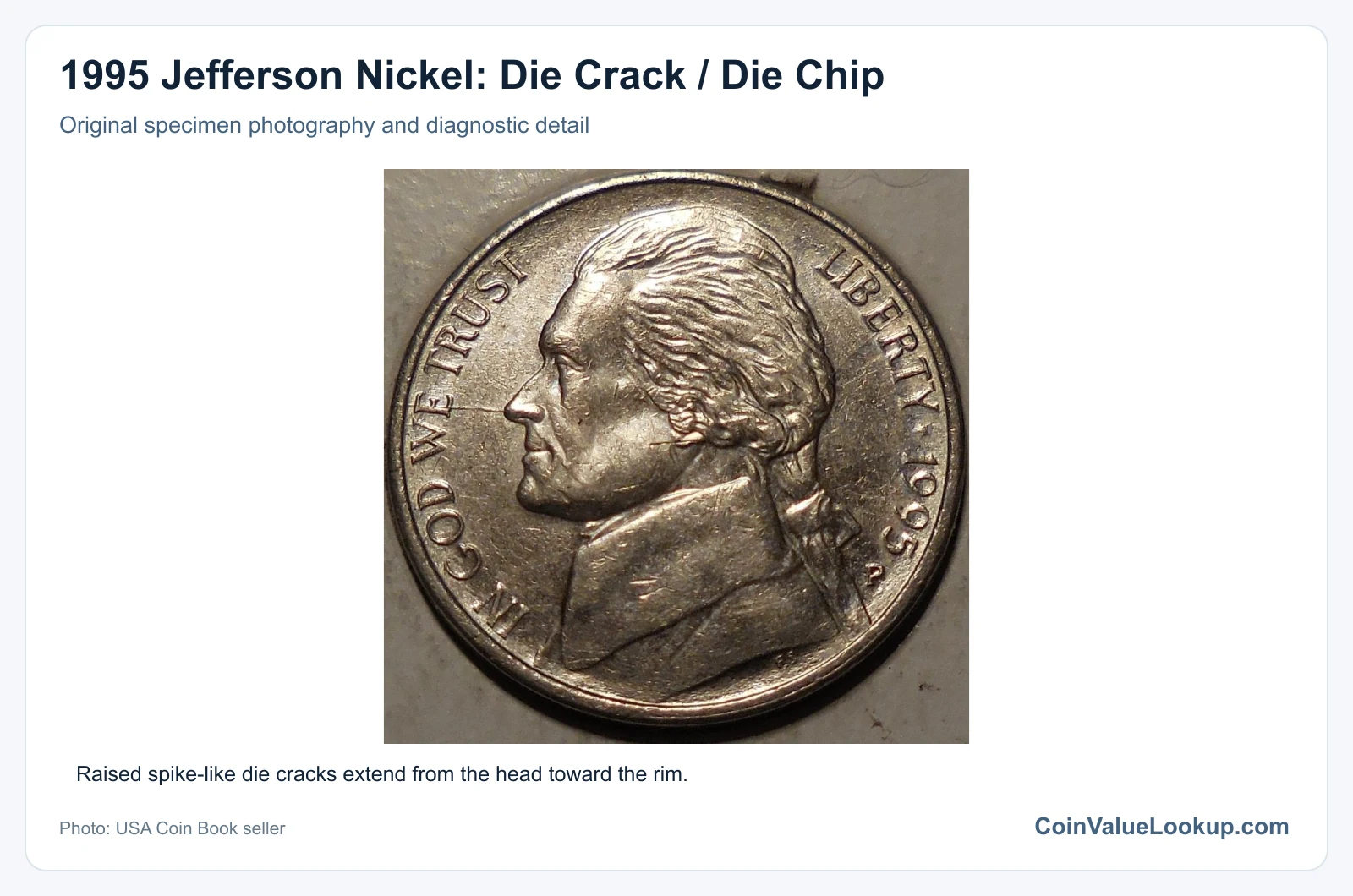 1995 Jefferson Nickel: Die Crack / Die Chip with diagnostic detail
