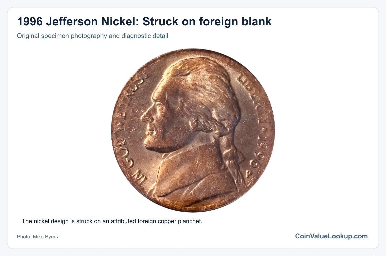 1996 Jefferson Nickel: Struck on foreign blank with diagnostic detail