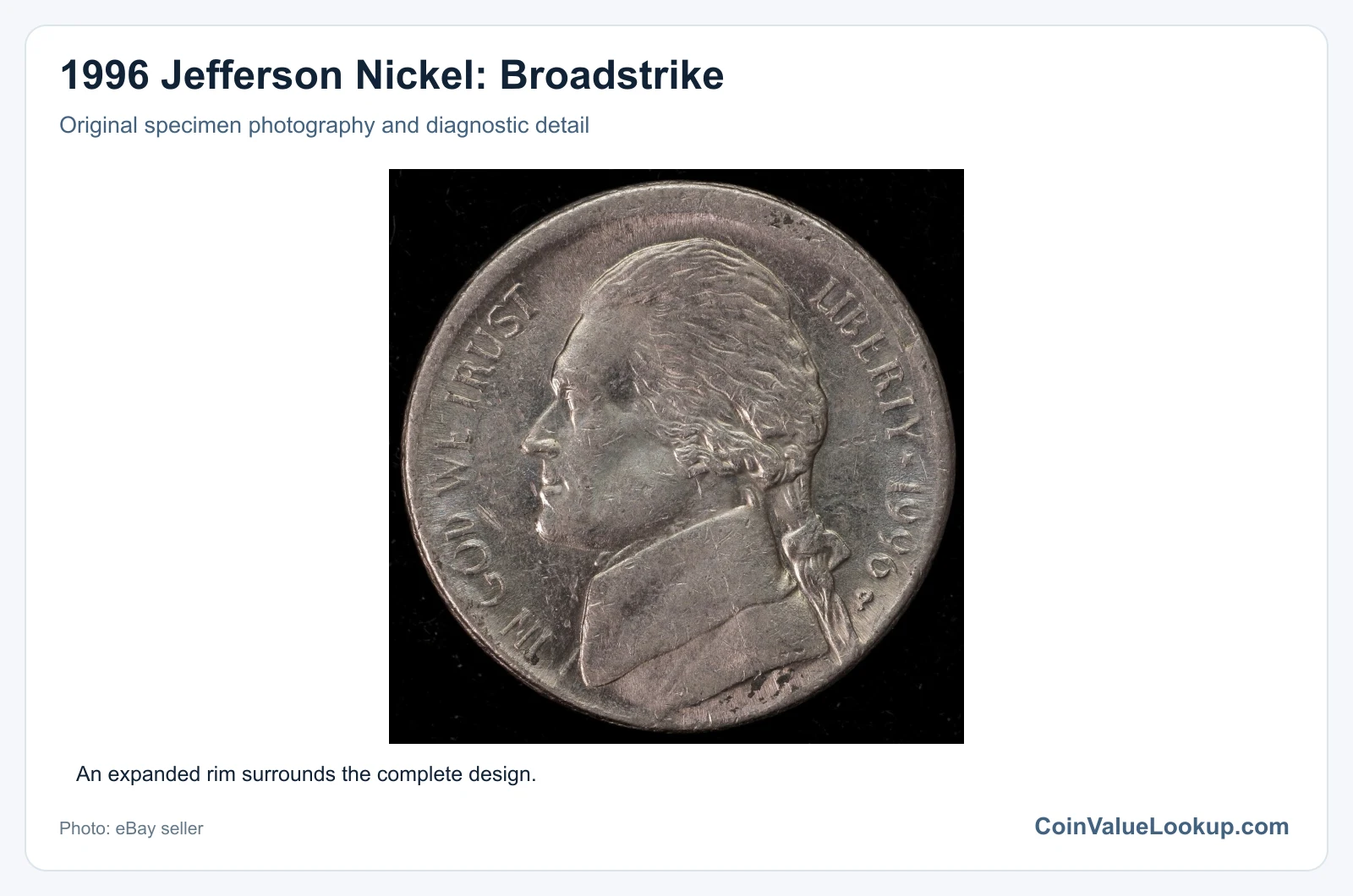 1996 Jefferson Nickel: Broadstrike with diagnostic detail