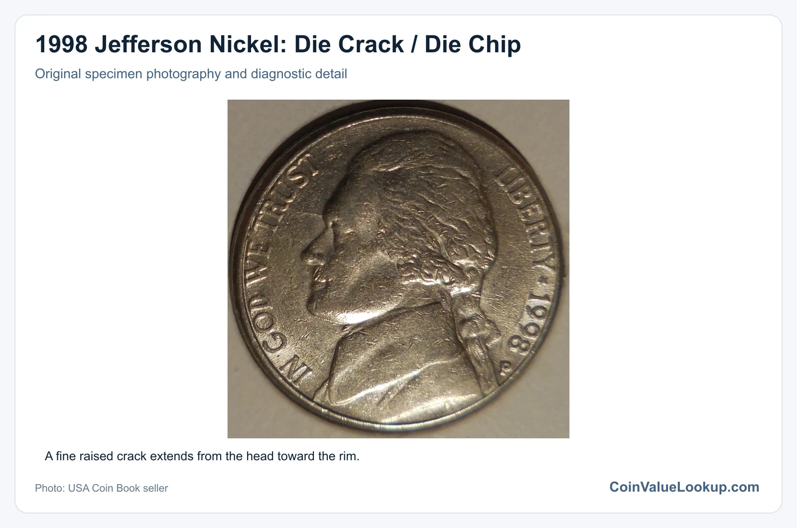 1998 Jefferson Nickel: Die Crack / Die Chip with diagnostic detail