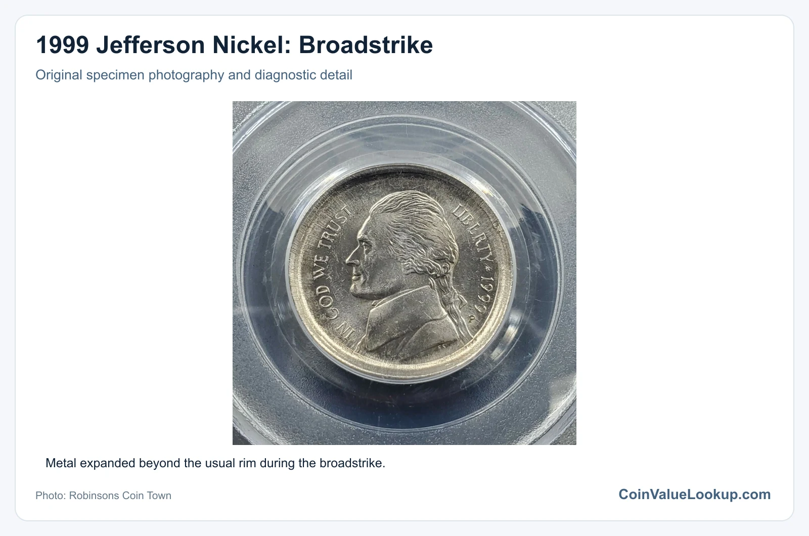 1999 Jefferson Nickel: Broadstrike with diagnostic detail