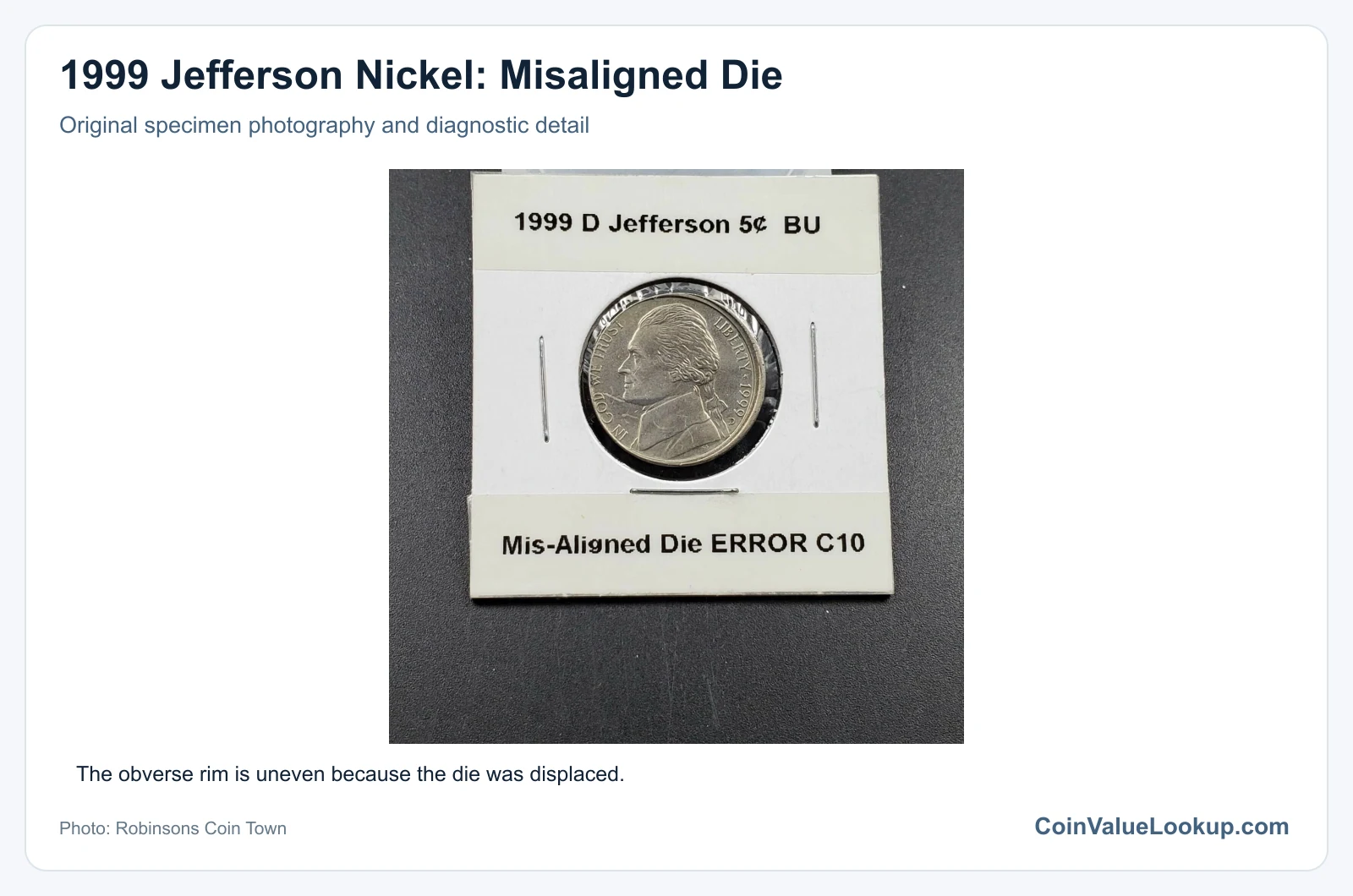 1999 Jefferson Nickel: Misaligned Die with diagnostic detail