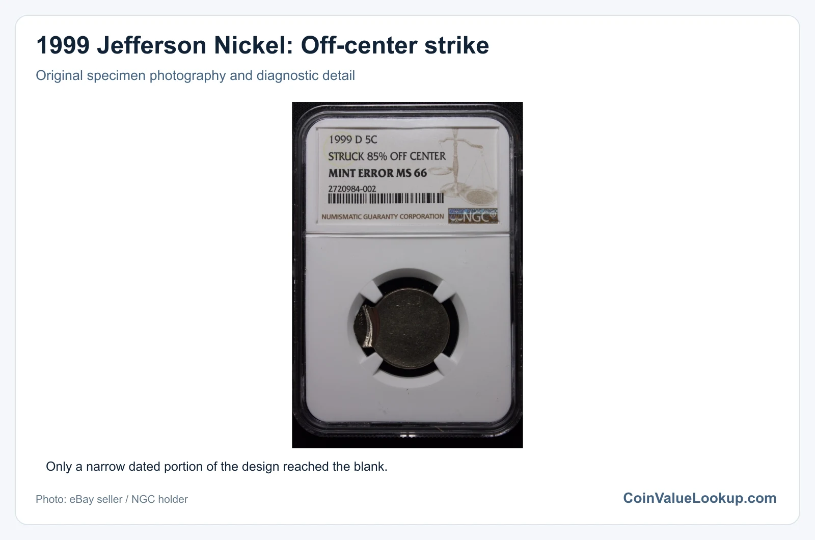 1999 Jefferson Nickel: Off-center strike with diagnostic detail