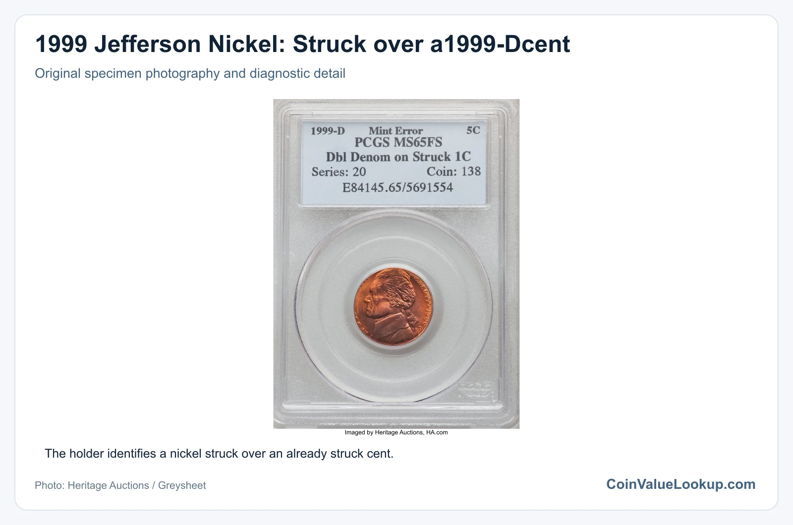 1999 Jefferson Nickel: Struck over a1999-Dcent with diagnostic detail