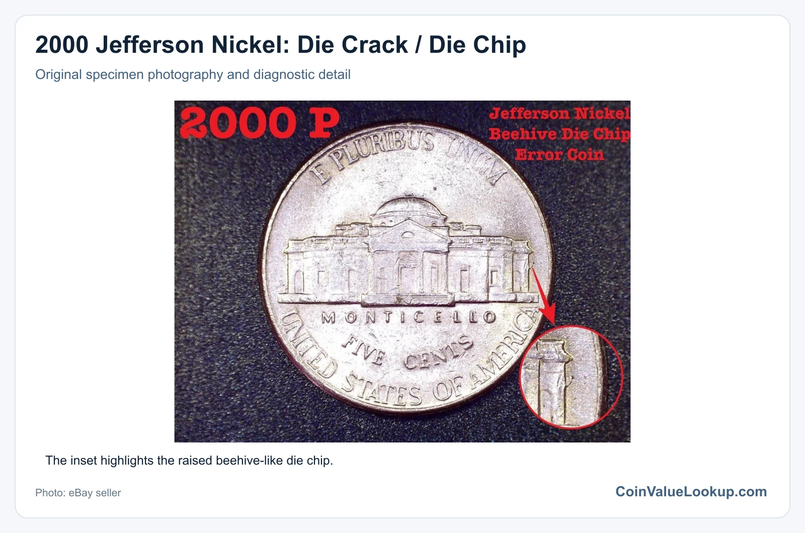 2000 Jefferson Nickel: Die Crack / Die Chip with diagnostic detail