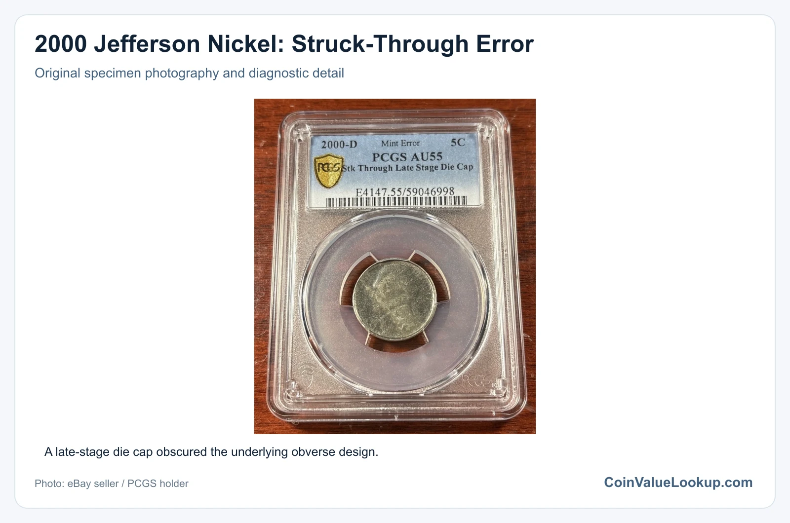 2000 Jefferson Nickel: Struck-Through Error with diagnostic detail