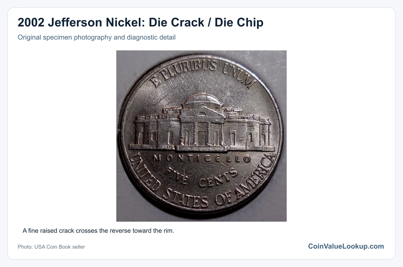 2002 Jefferson Nickel: Die Crack / Die Chip with diagnostic detail