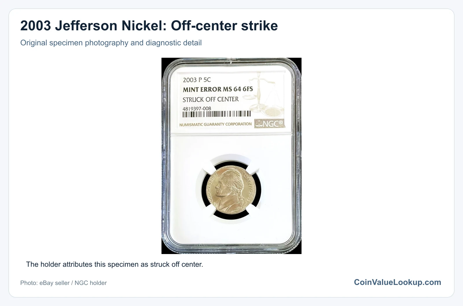 2003 Jefferson Nickel: Off-center strike with diagnostic detail
