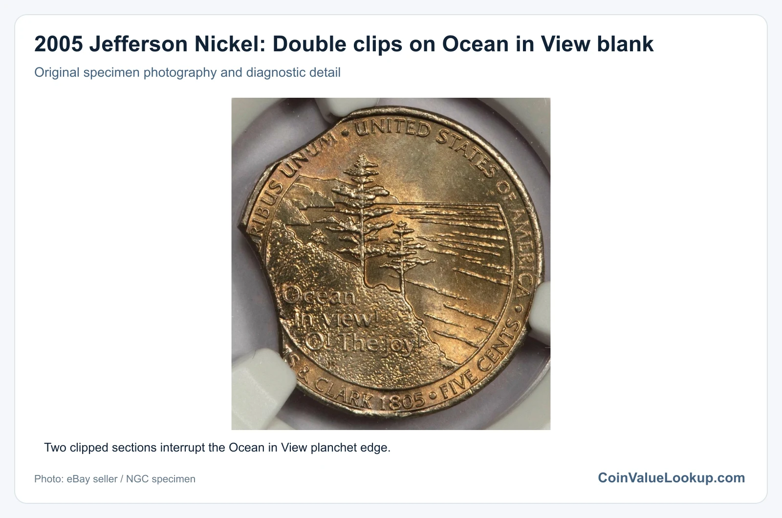 2005 Jefferson Nickel: Double clips on Ocean in View blank with diagnostic detail
