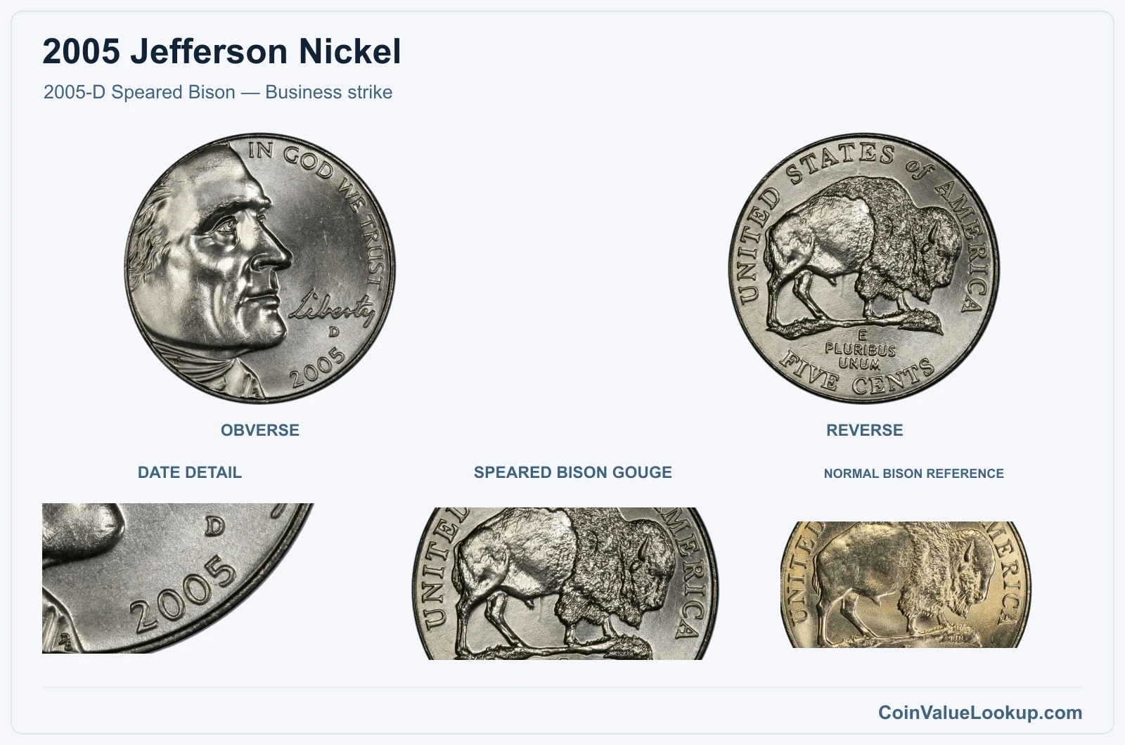 2005-D Speared Bison — Business strike with genuine speared bison gouge and same-year reference