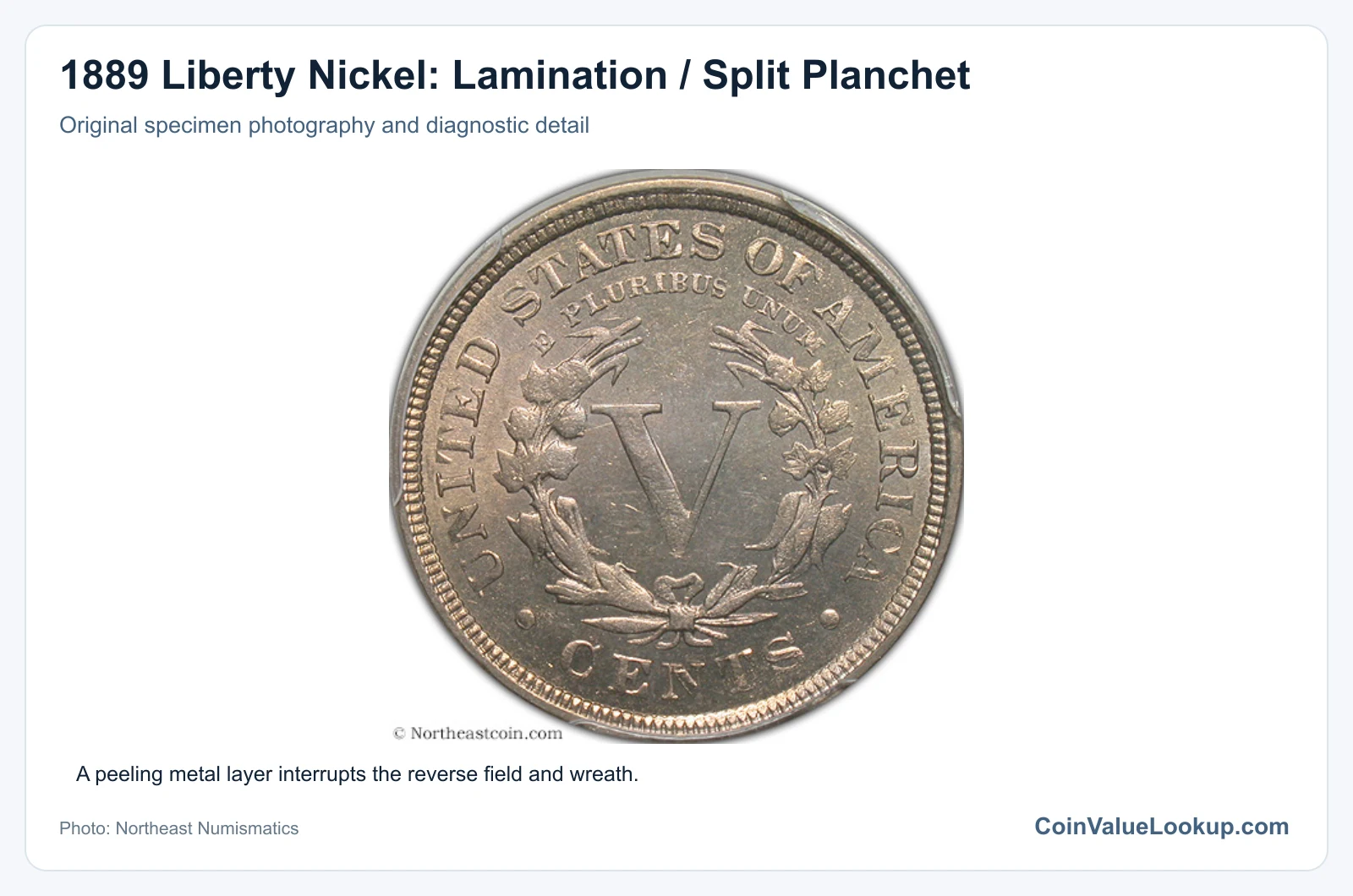 1889 Liberty Nickel: Lamination / Split Planchet with diagnostic detail