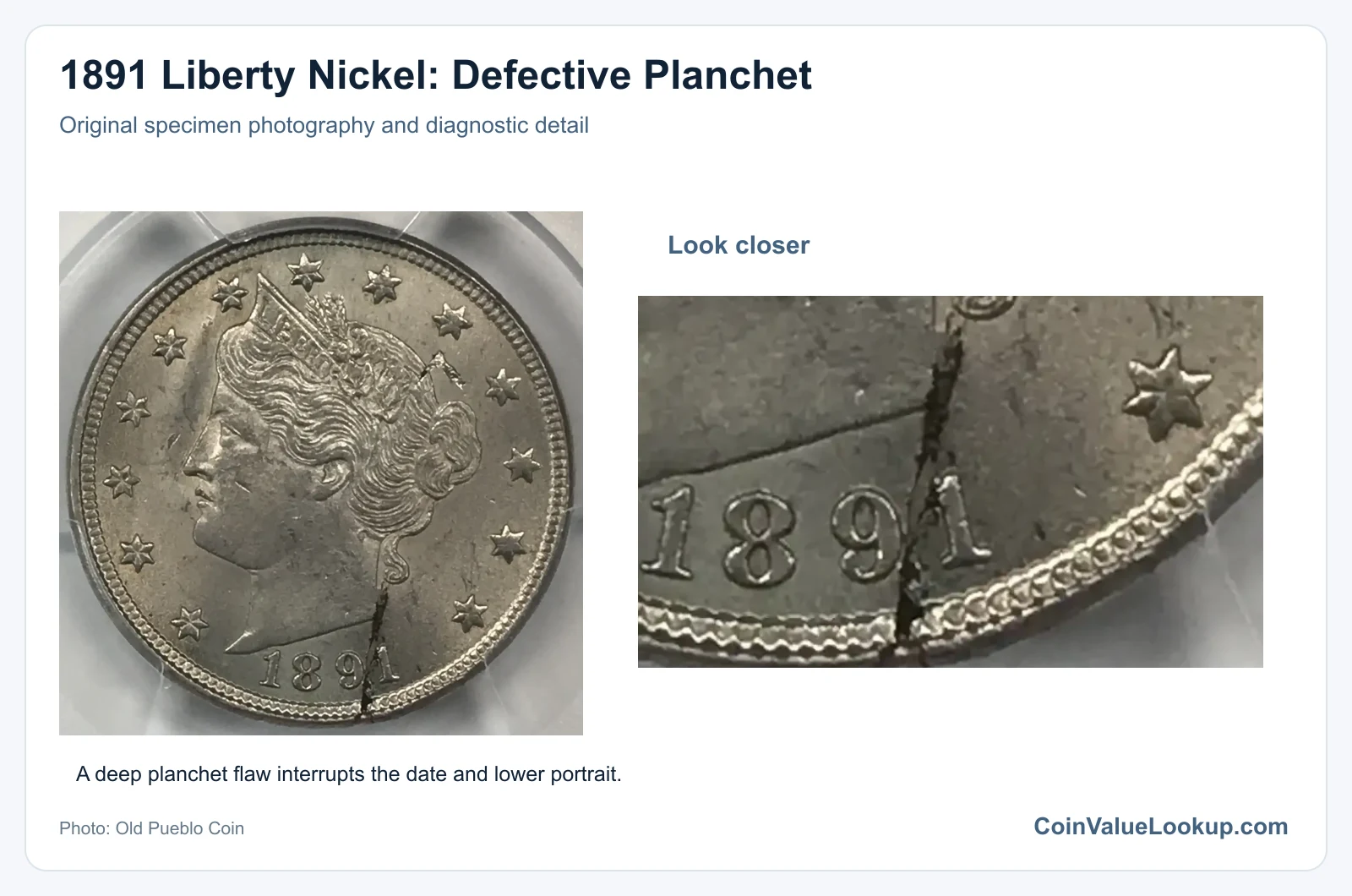 1891 Liberty Nickel: Defective Planchet with diagnostic detail