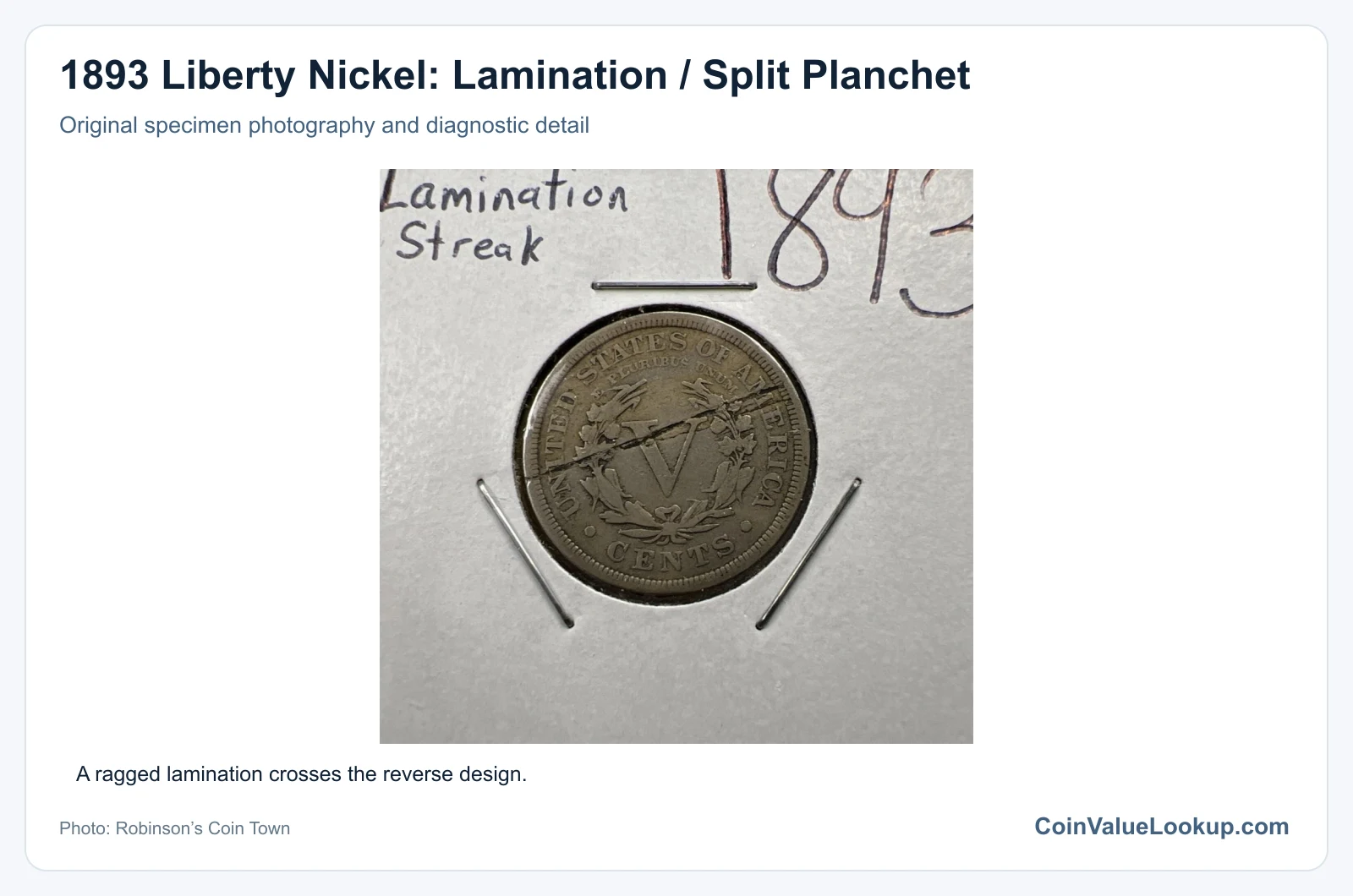 1893 Liberty Nickel: Lamination / Split Planchet with diagnostic detail