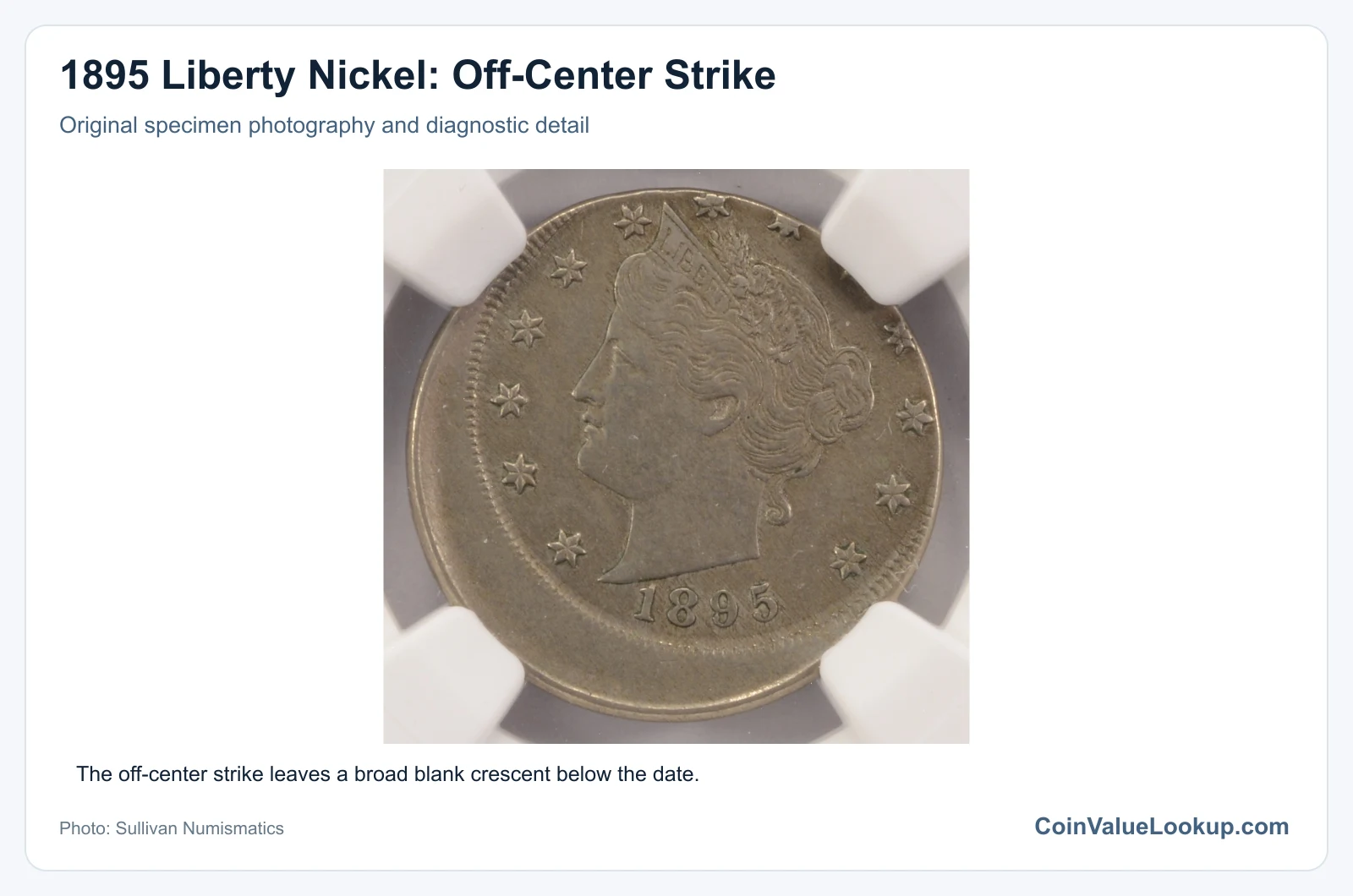 1895 Liberty Nickel: Off-Center Strike with diagnostic detail