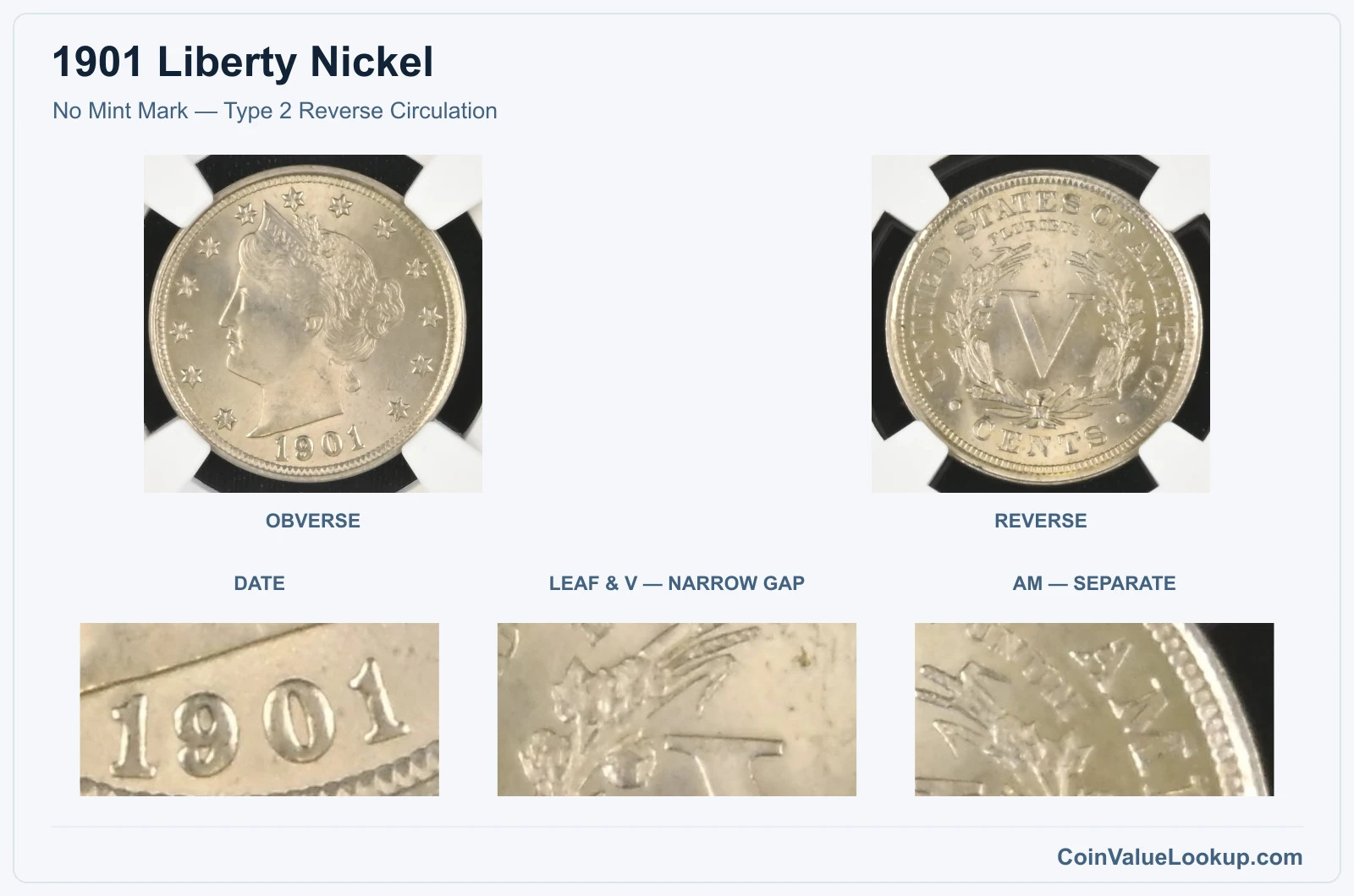 No Mint Mark — Type 2 Reverse Circulation real specimen with date, leaf & v — narrow gap, am — separate closeups