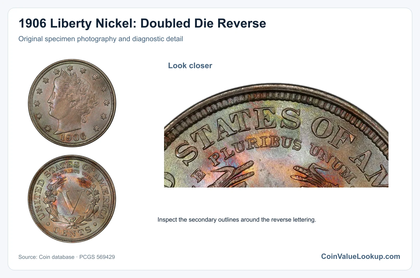 1906 Liberty Nickel: Doubled Die Reverse with diagnostic detail