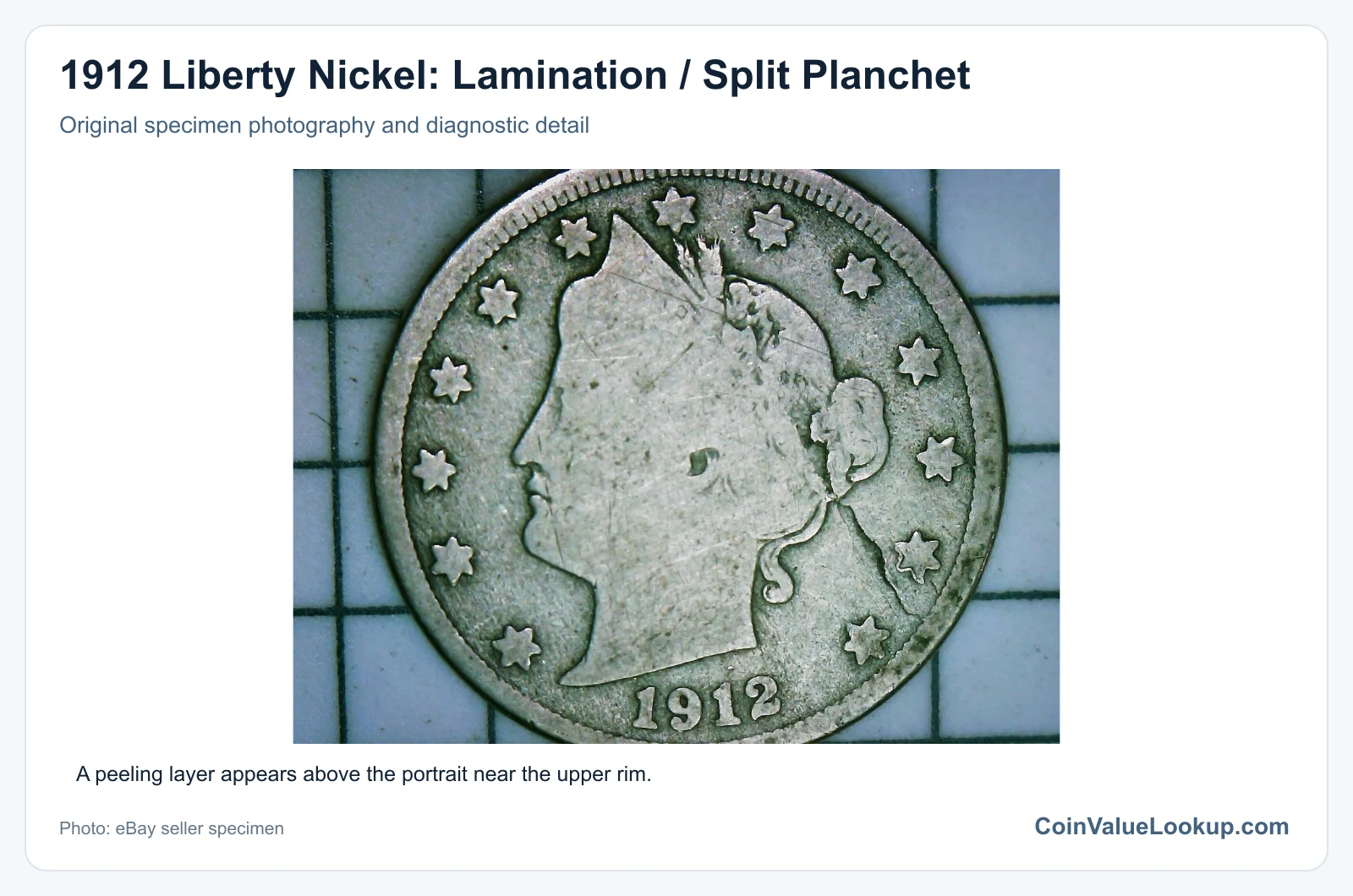 1912 Liberty Nickel: Lamination / Split Planchet with diagnostic detail