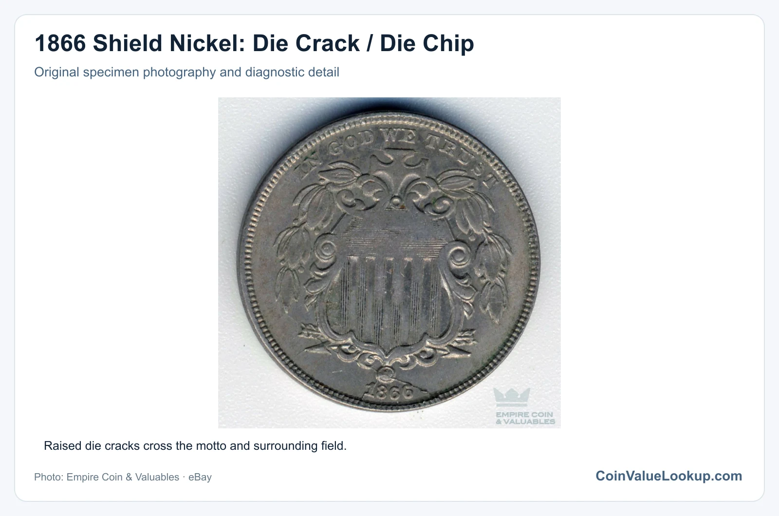 1866 Shield Nickel: Die Crack / Die Chip with diagnostic detail