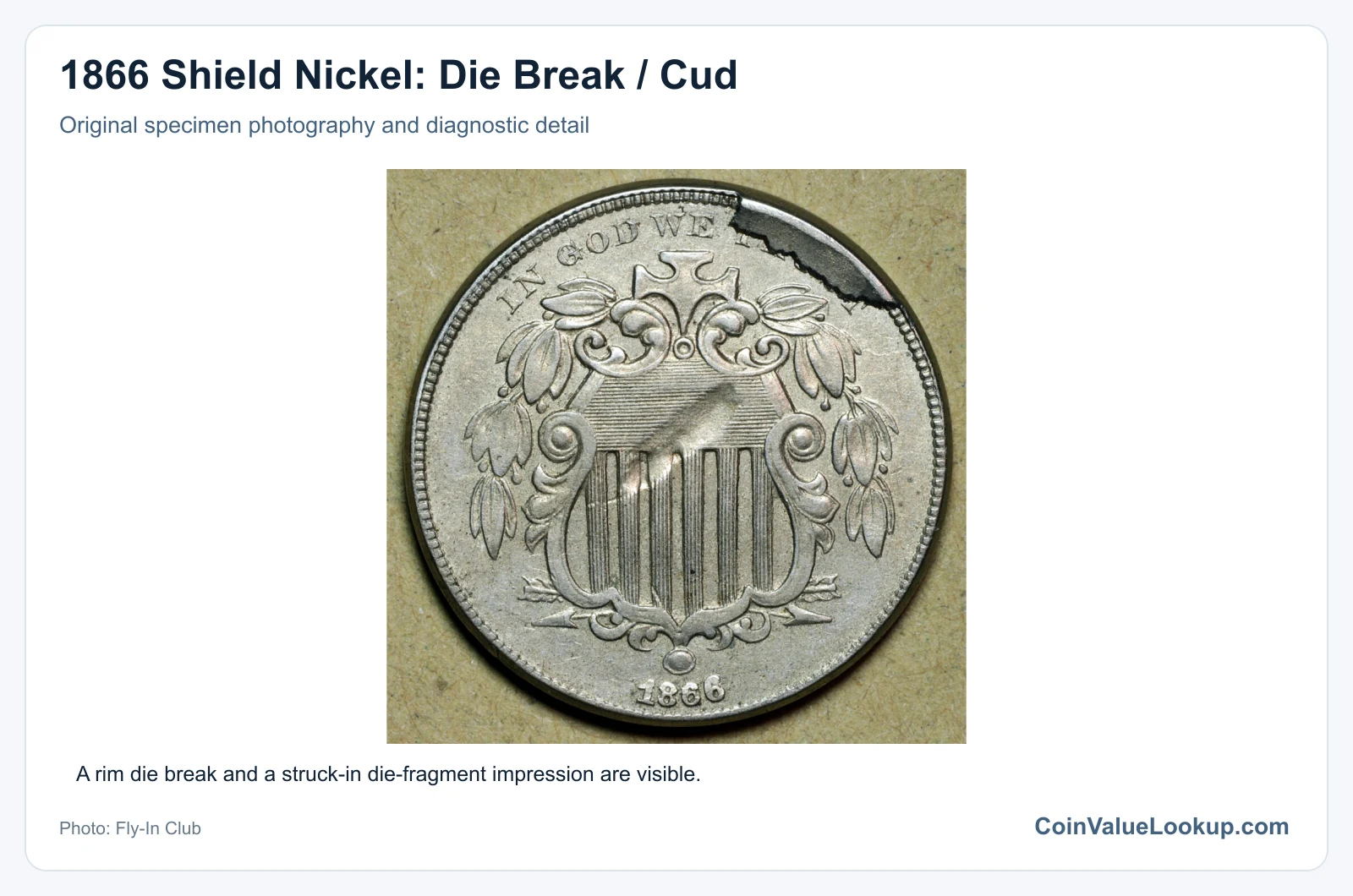 1866 Shield Nickel: Die Break / Cud with diagnostic detail