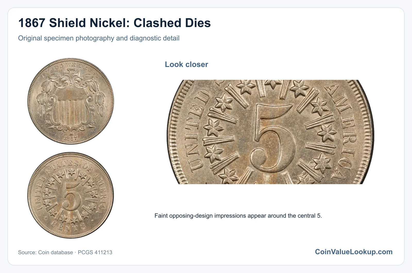 1867 Shield Nickel: Clashed Dies with diagnostic detail