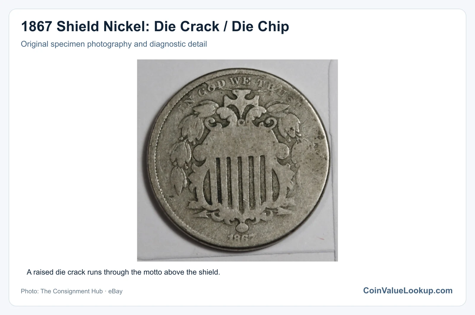 1867 Shield Nickel: Die Crack / Die Chip with diagnostic detail