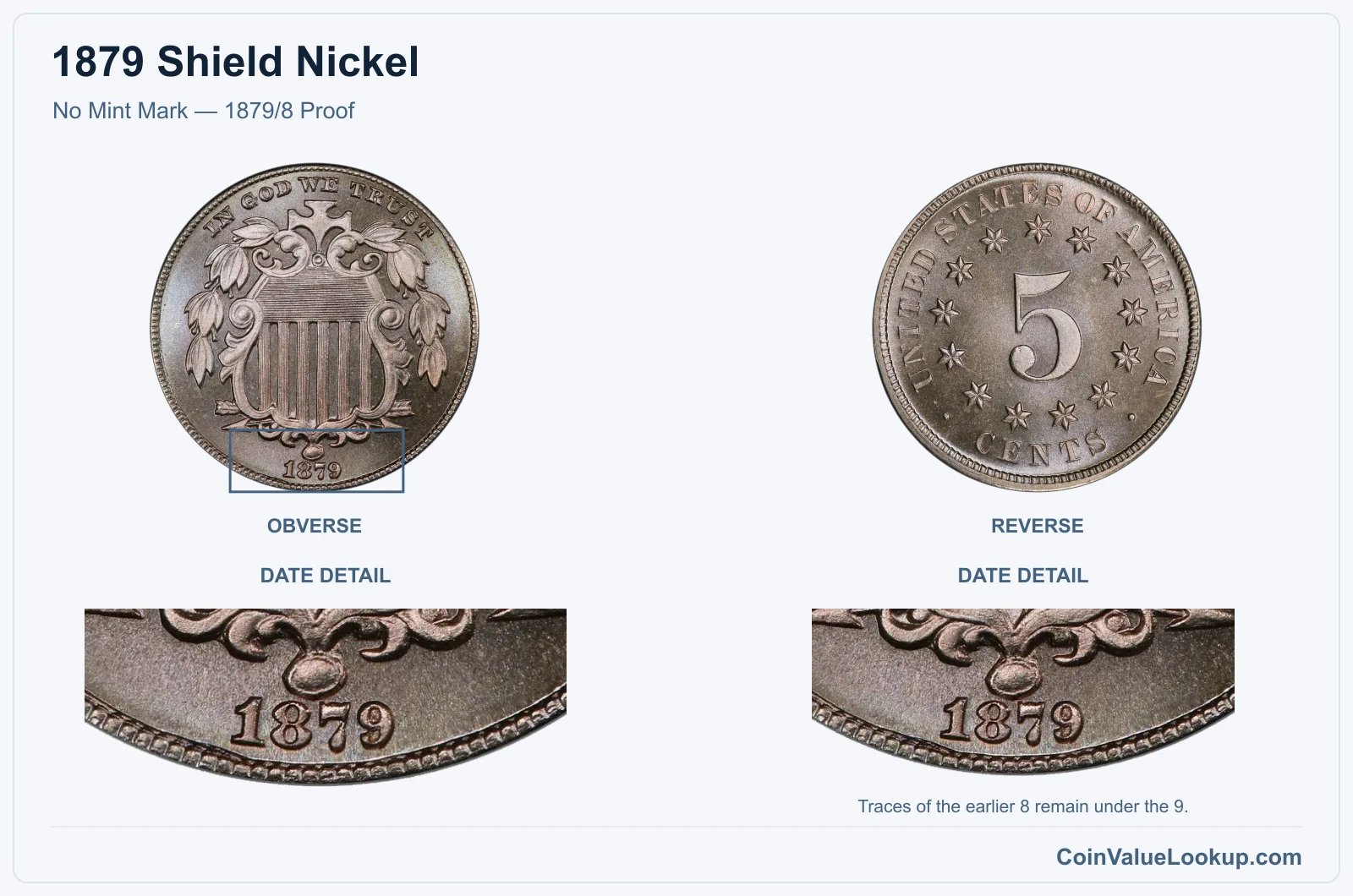 1879 Shield Nickel No Mint Mark — 1879/8 Proof, with date detail