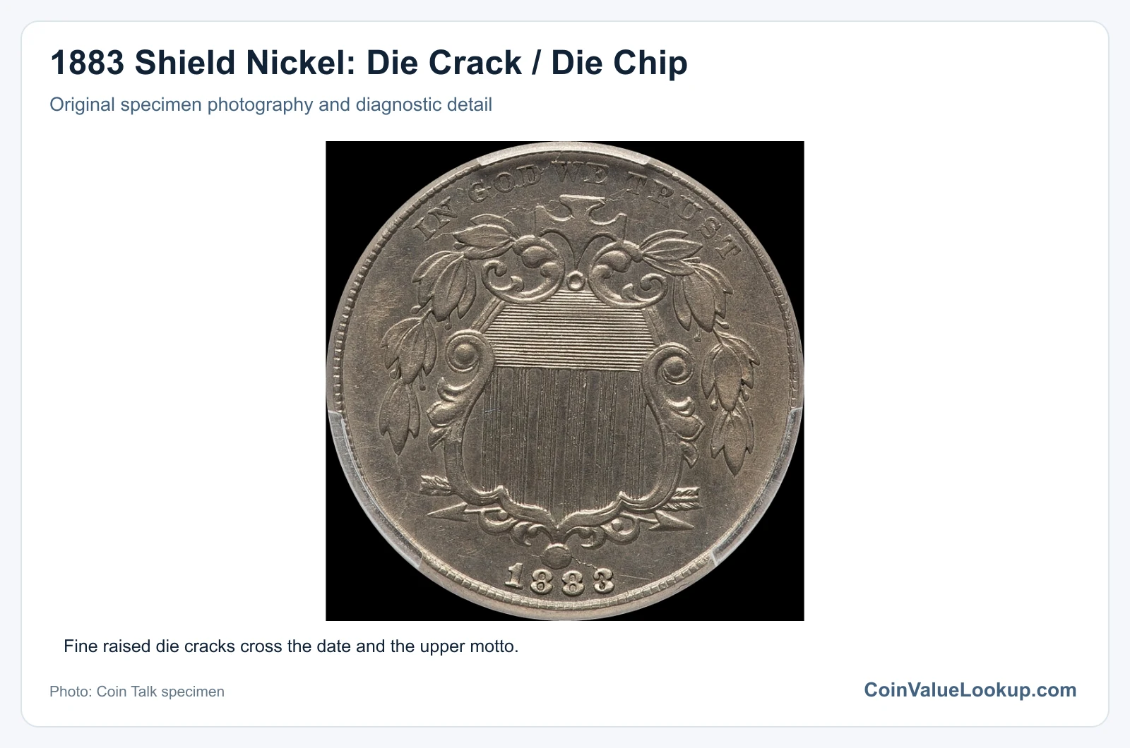 1883 Shield Nickel: Die Crack / Die Chip with diagnostic detail