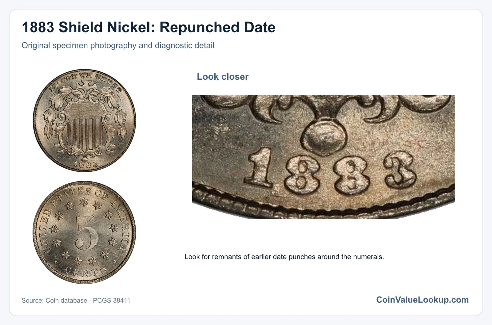1883 Shield Nickel: Repunched Date with diagnostic detail
