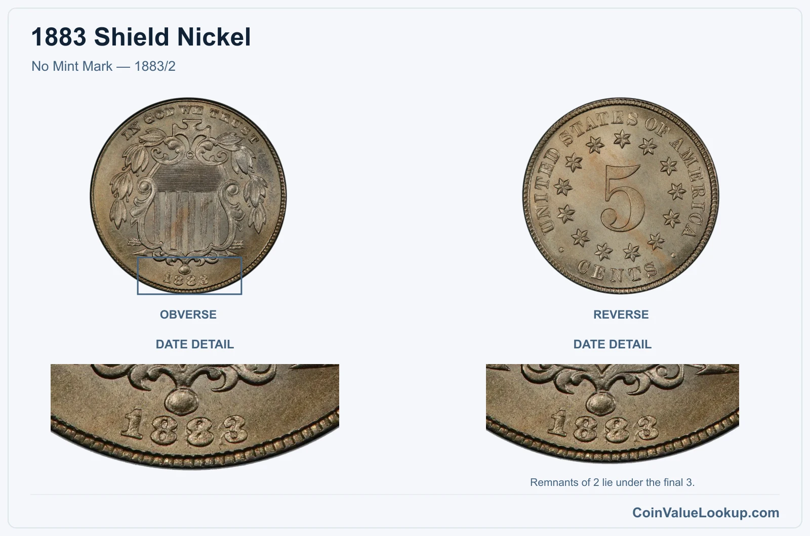 1883 Shield Nickel No Mint Mark — 1883/2, with date detail
