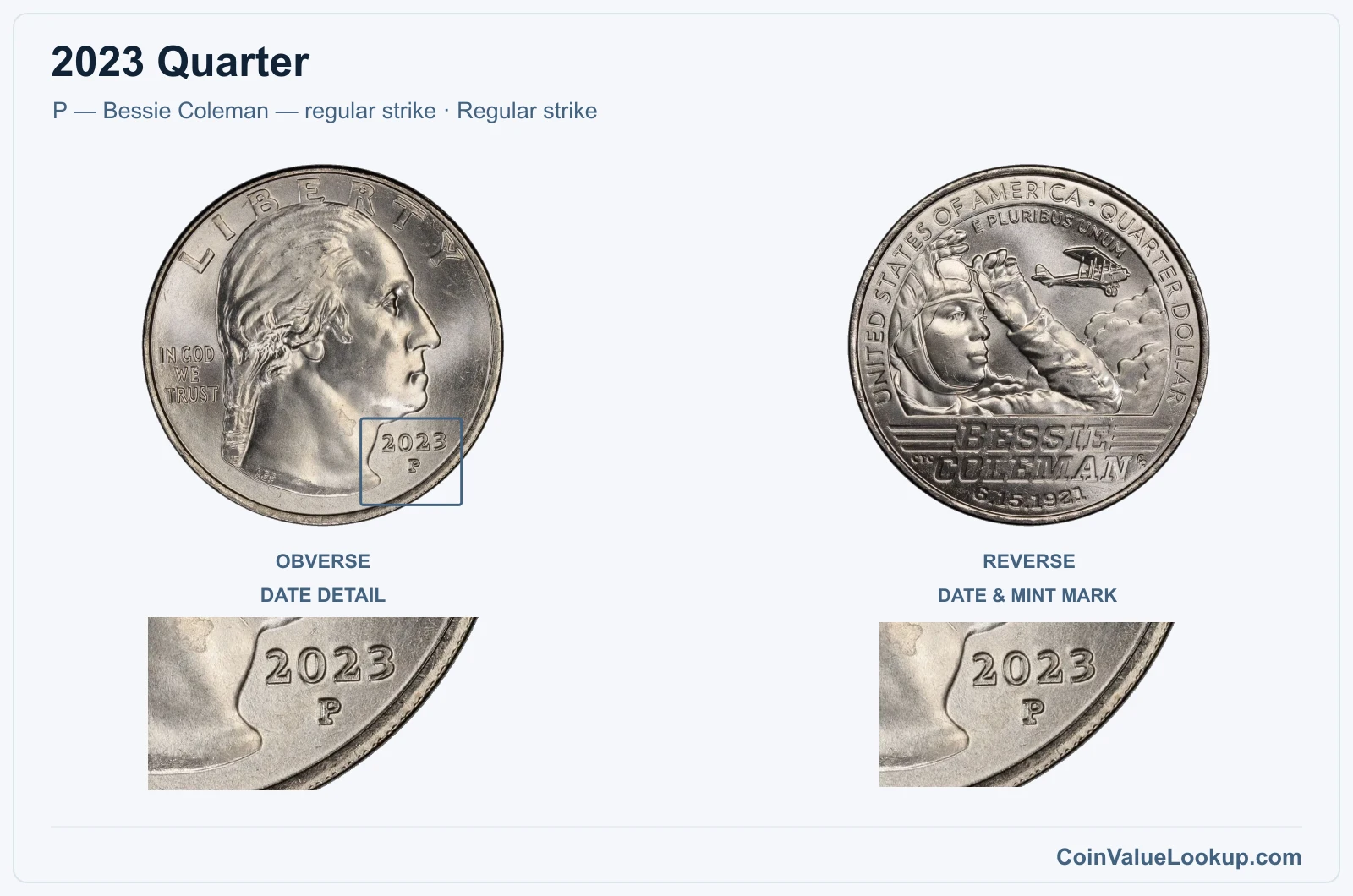 2023 Quarter Coin — P — Bessie Coleman — regular strike, obverse and reverse, with date and mint-location details