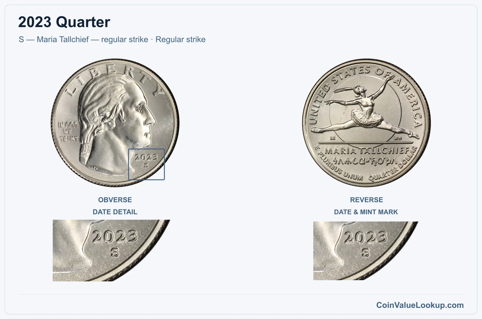 2023 Quarter Coin — S — Maria Tallchief — regular strike, obverse and reverse, with date and mint-location details