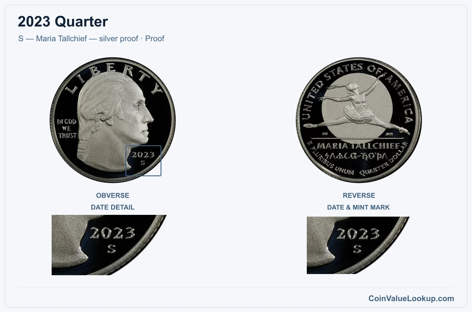 2023 Quarter Coin — S — Maria Tallchief — silver proof, obverse and reverse, with date and mint-location details