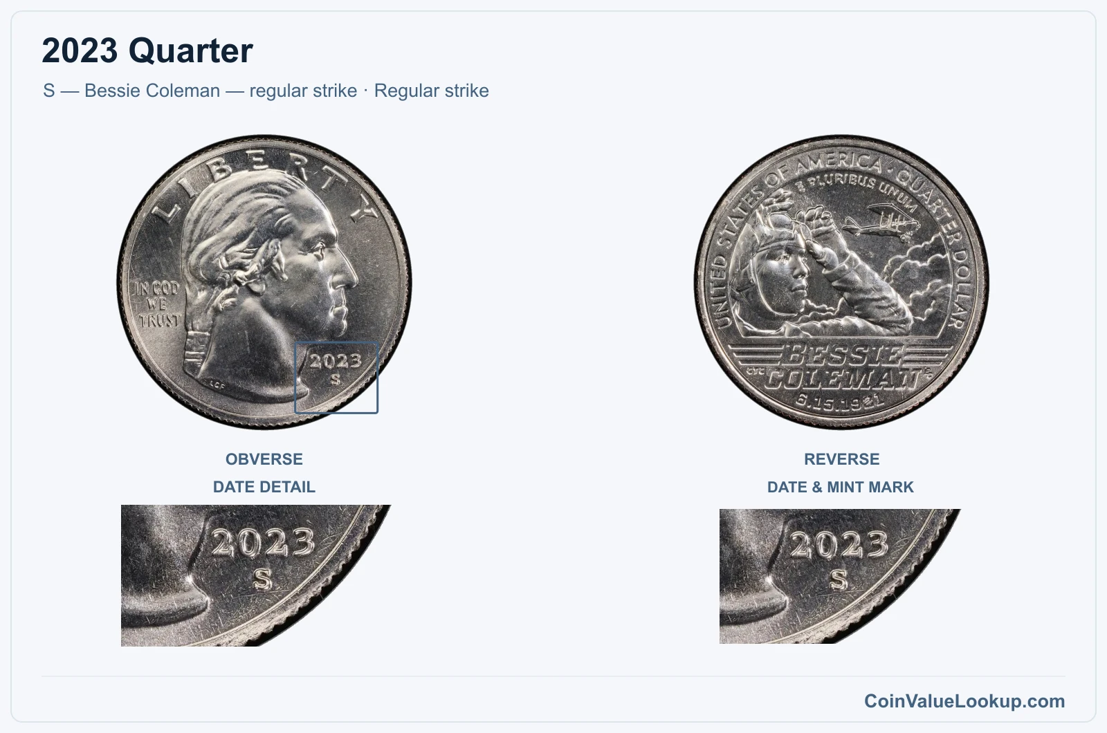 2023 Quarter Coin — S — Bessie Coleman — regular strike, obverse and reverse, with date and mint-location details