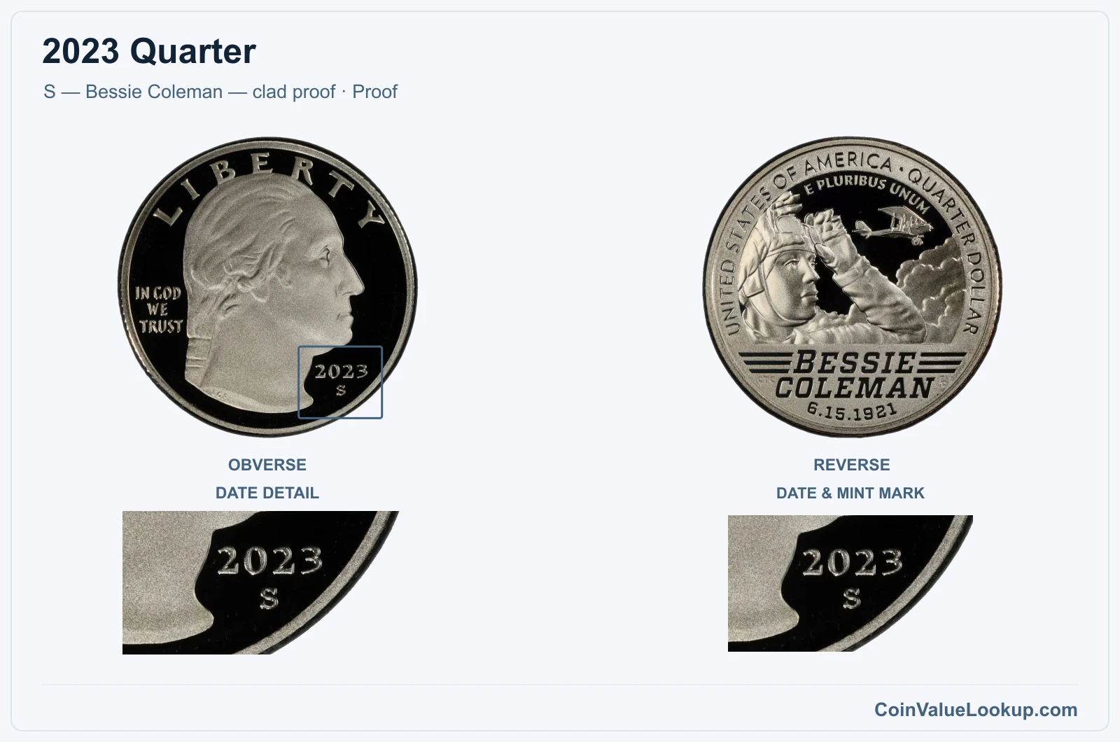 2023 Quarter Coin — S — Bessie Coleman — clad proof, obverse and reverse, with date and mint-location details