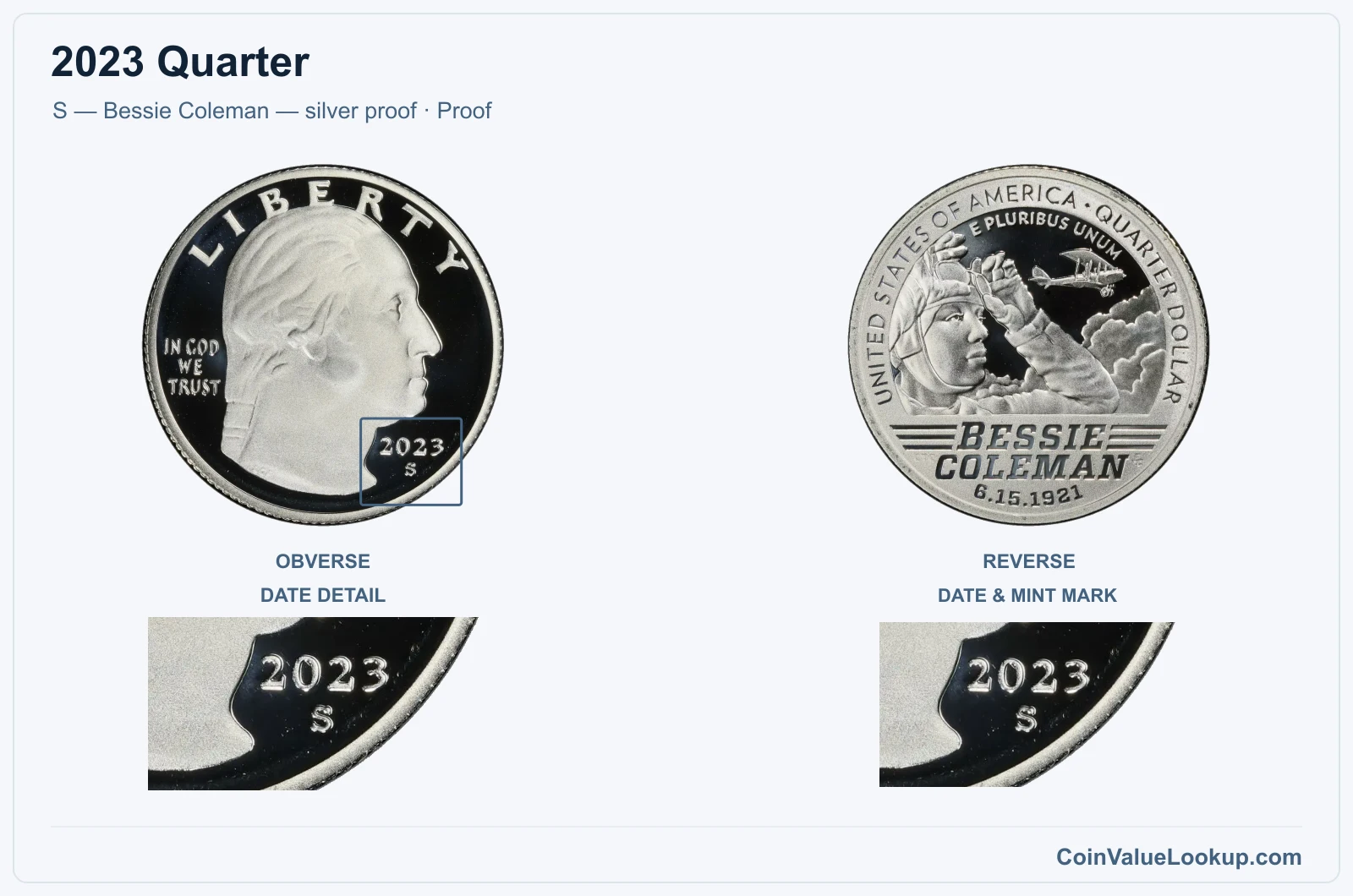 2023 Quarter Coin — S — Bessie Coleman — silver proof, obverse and reverse, with date and mint-location details