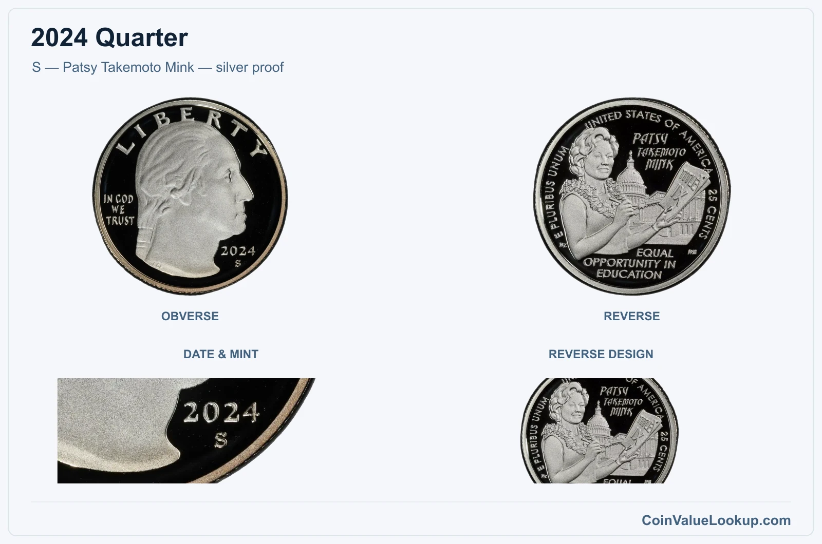S — Patsy Takemoto Mink — silver proof real specimen with date & mint, reverse design closeups