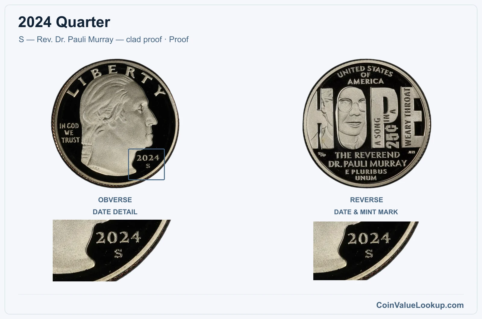 2024 Quarter Coin — S — Rev. Dr. Pauli Murray — clad proof, obverse and reverse, with date and mint-location details