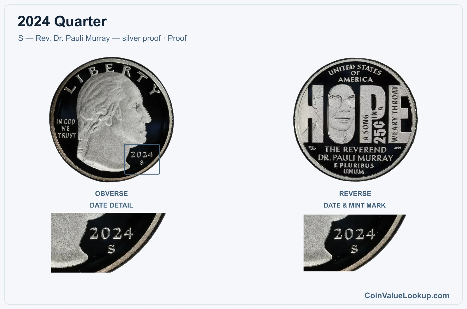 2024 Quarter Coin — S — Rev. Dr. Pauli Murray — silver proof, obverse and reverse, with date and mint-location details
