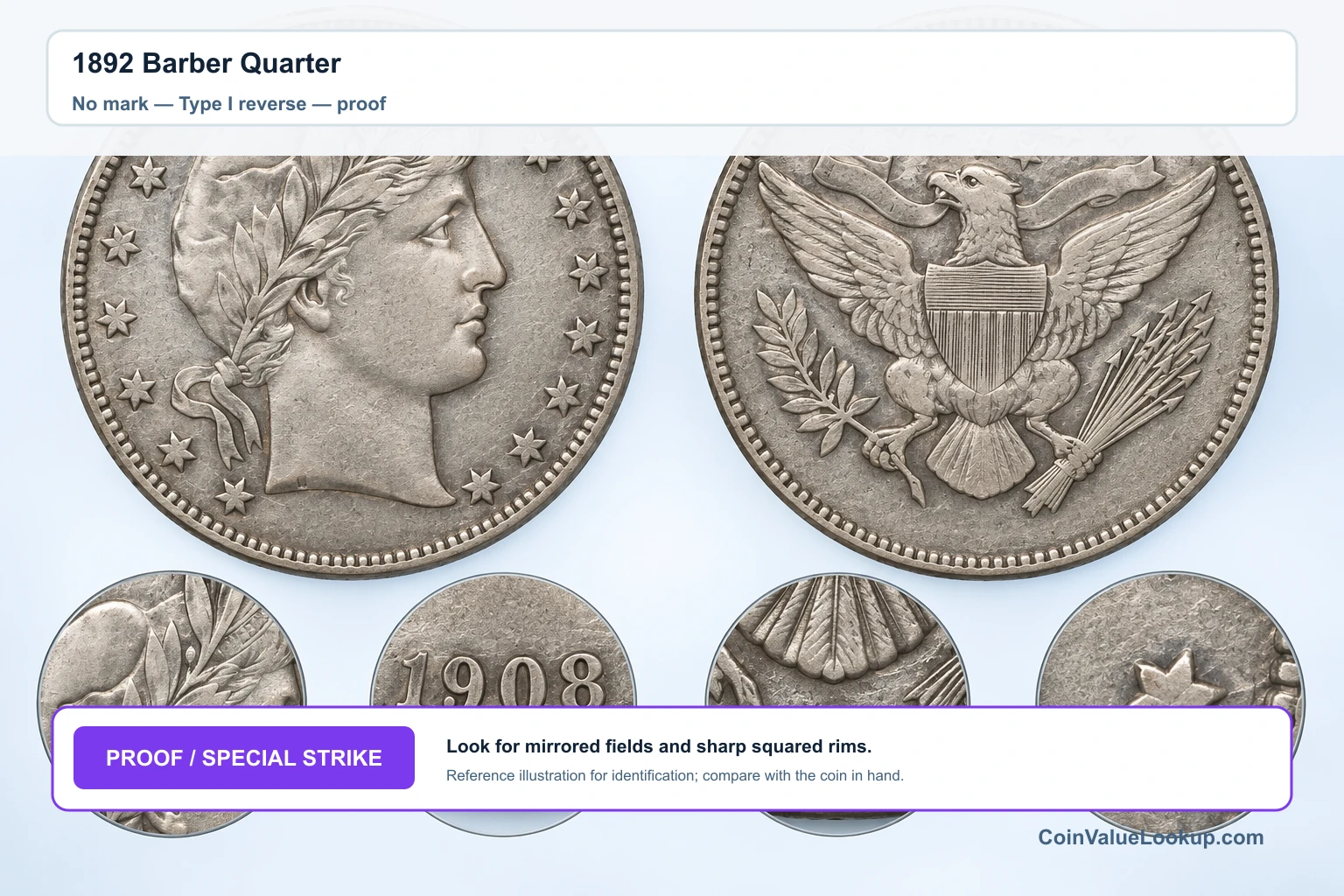 1892 Barber Quarter — No mark — Type I reverse — proof