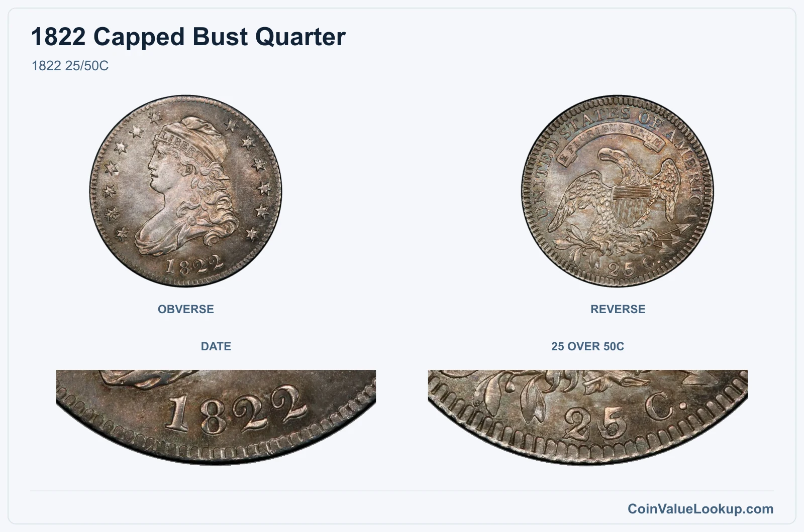1822 25/50C real specimen with date, 25 over 50c closeups